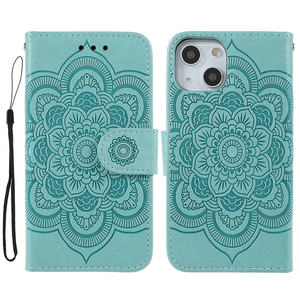 Imprinting Mandala Flower PU Leather Phone Stand Cover Wallet Case with Strap for iPhone 14 / 13