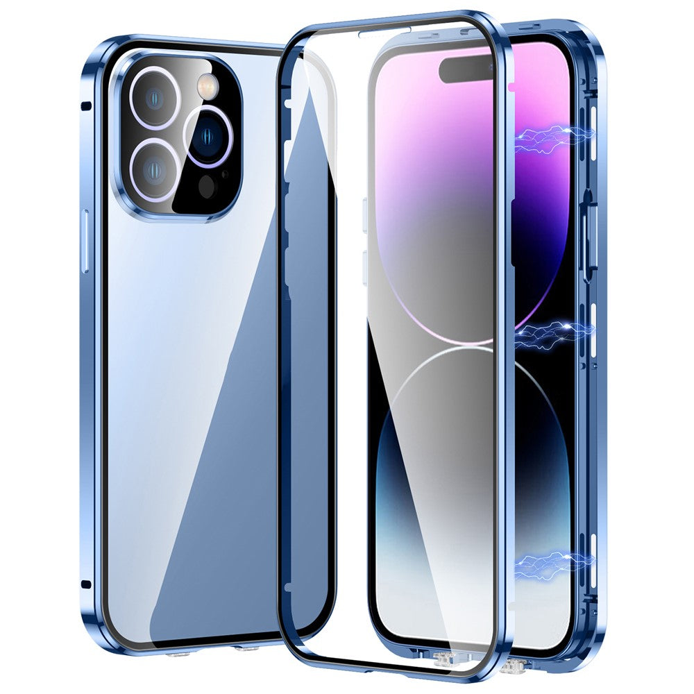 For iPhone 15 Pro Max Double Sides Tempered Glass+Metal Frame Case Straight Edge Magnetic Phone Cover with Buckle