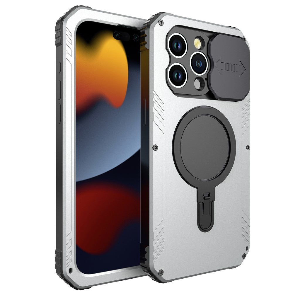 Camera Slider Anti-drop Phone Case for iPhone 15 Pro Max Metal+Silicone Cover with Tempered Glass Film Compatible with MagSafe