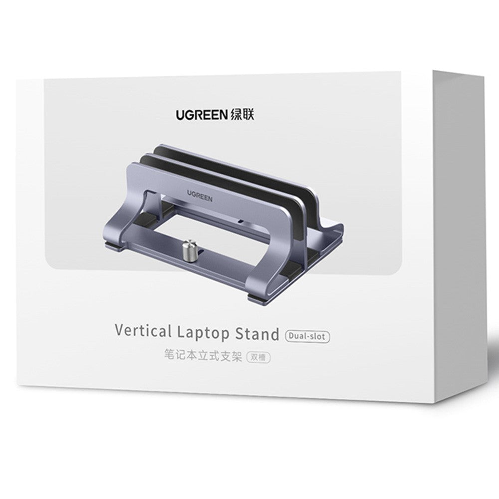 UGREEN 60643 Vertical Desktop Laptop Stand Dual Slot Aluminum Tablet Holder for MacBook Air Pro PC Anti-scratch Adjustable Notebook Rack with Silicone Pads
