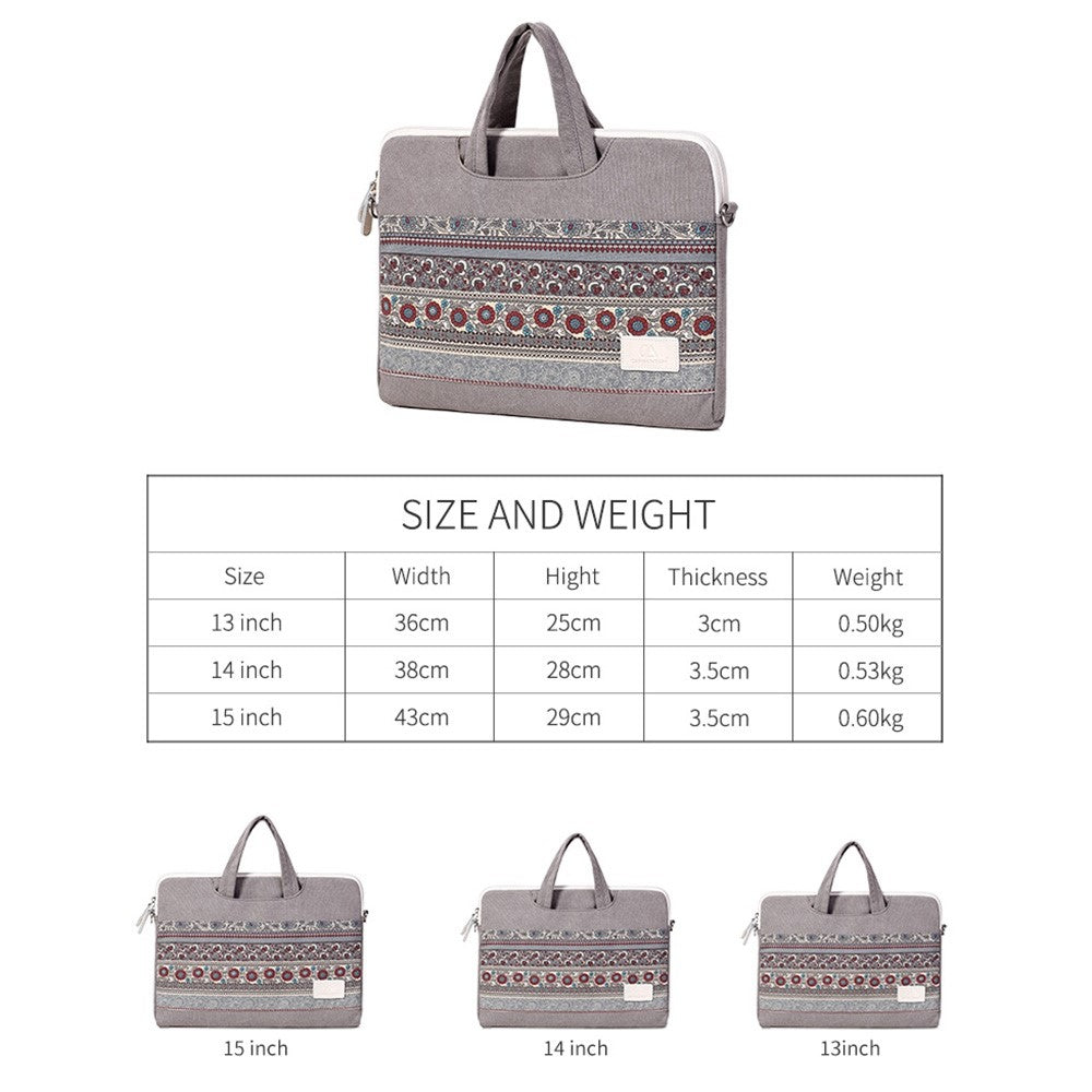 CANVASARTISAN T38-5 Laptop Bag 15-inch National Style Pattern Computer Canvas Fabric Briefcase Sleeve with Shoulder Strap
