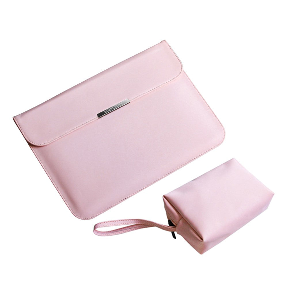 16-inch Horizontal Laptop Bag PU Leather Soft Lining Notebook Sleeve + Small Bag