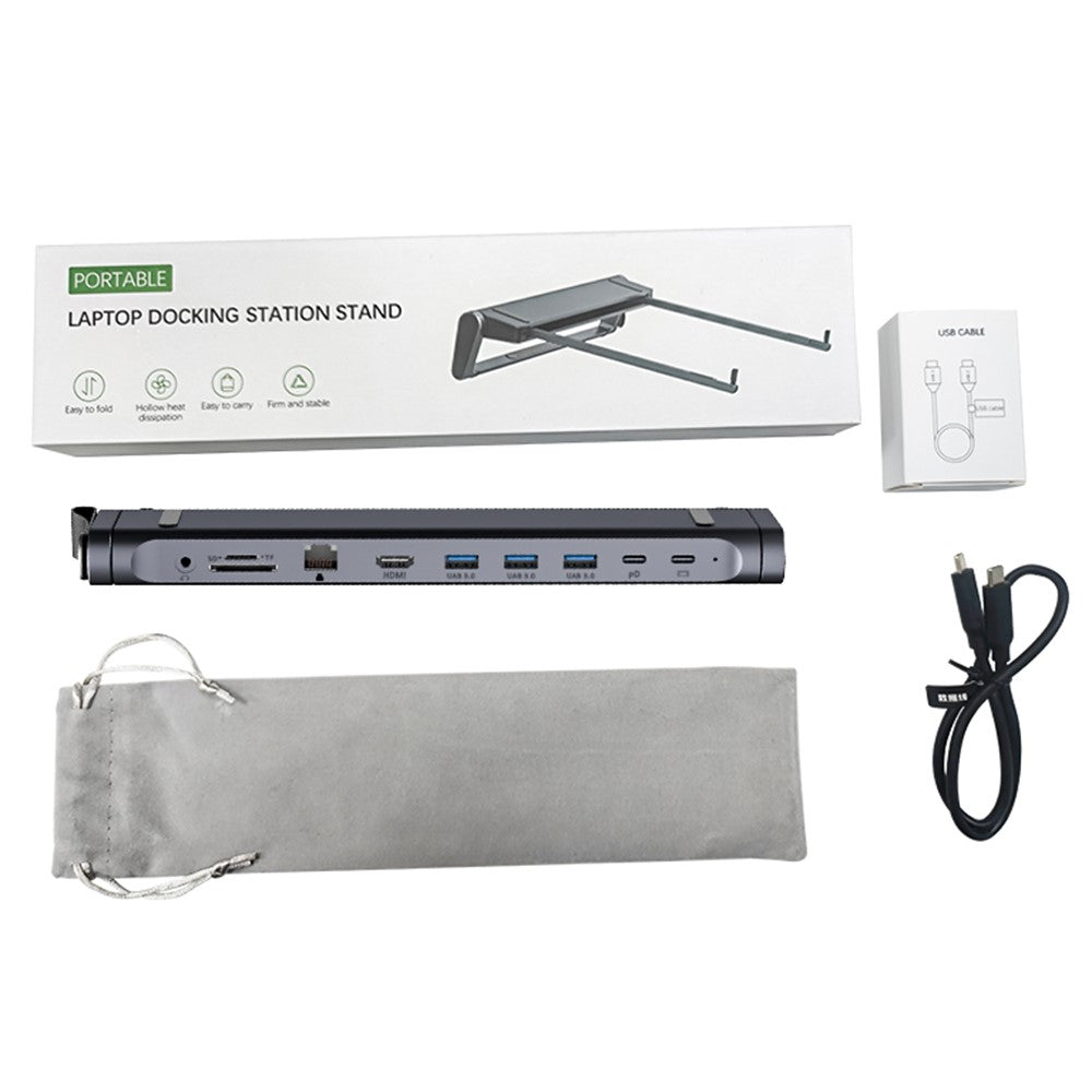 T12U For 7-17 Inch Laptop Riser Folding Tablet Bracket with 9-in-1 Hub Docking Station