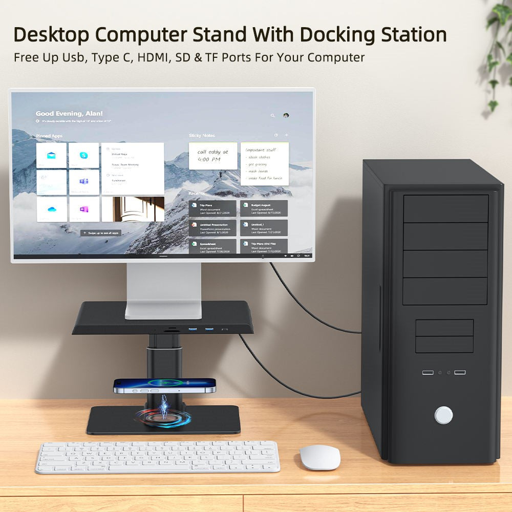 Z10Q Aluminum Alloy Computer Monitor Stand Riser USB Hub Docking Station Wireless Charger