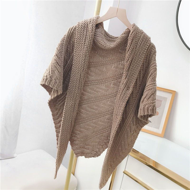 Solid Color Triangle Shawl Cape for Women Fashion Knitted Scarf Wrap with Leather Buckle