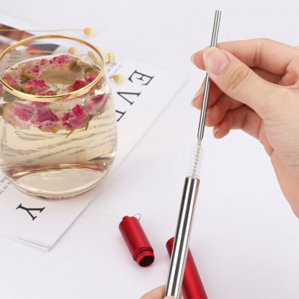 Portable 304 Stainless Steel Three Sections Telescopic Straw Beverage Milk Tea Metal Straw with Aluminum Alloy Storage Tube and Brush (No FDA Certification, BPA Free)