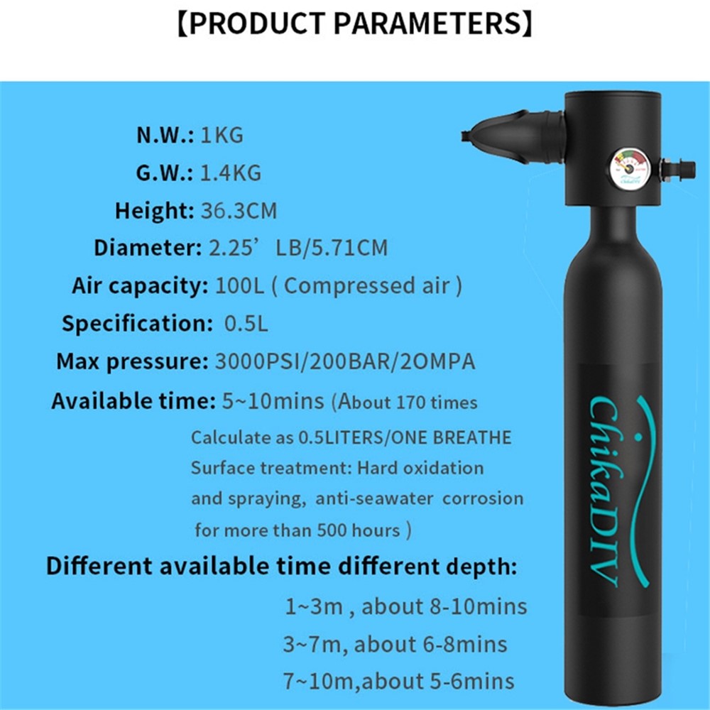 CHIKADIV C300-A1 Mini Scuba Tank Diving Gear for Diver 0.5L Diving Tank Diving Cylinder with 5-10 Minutes Backup Diving Equipment Kit for Underwater
