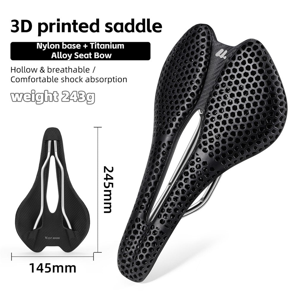 WEST BIKING YP0801249 3D Printed Bicycle Saddle Titanium Alloy Nylon Fiber Seat Cushion for MTB Bikes, 245 x 145mm