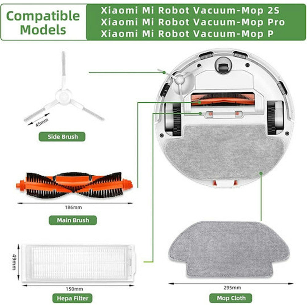 10Pcs / Set Replacement Parts Kit for Xiaomi Mijia Robot Vacuum Mop 2S (XMSTJQR2S) / STYJ02YM / 3C (B106CN) Main Brush HEPA Filter Mop Cloth and Cleaning Brush