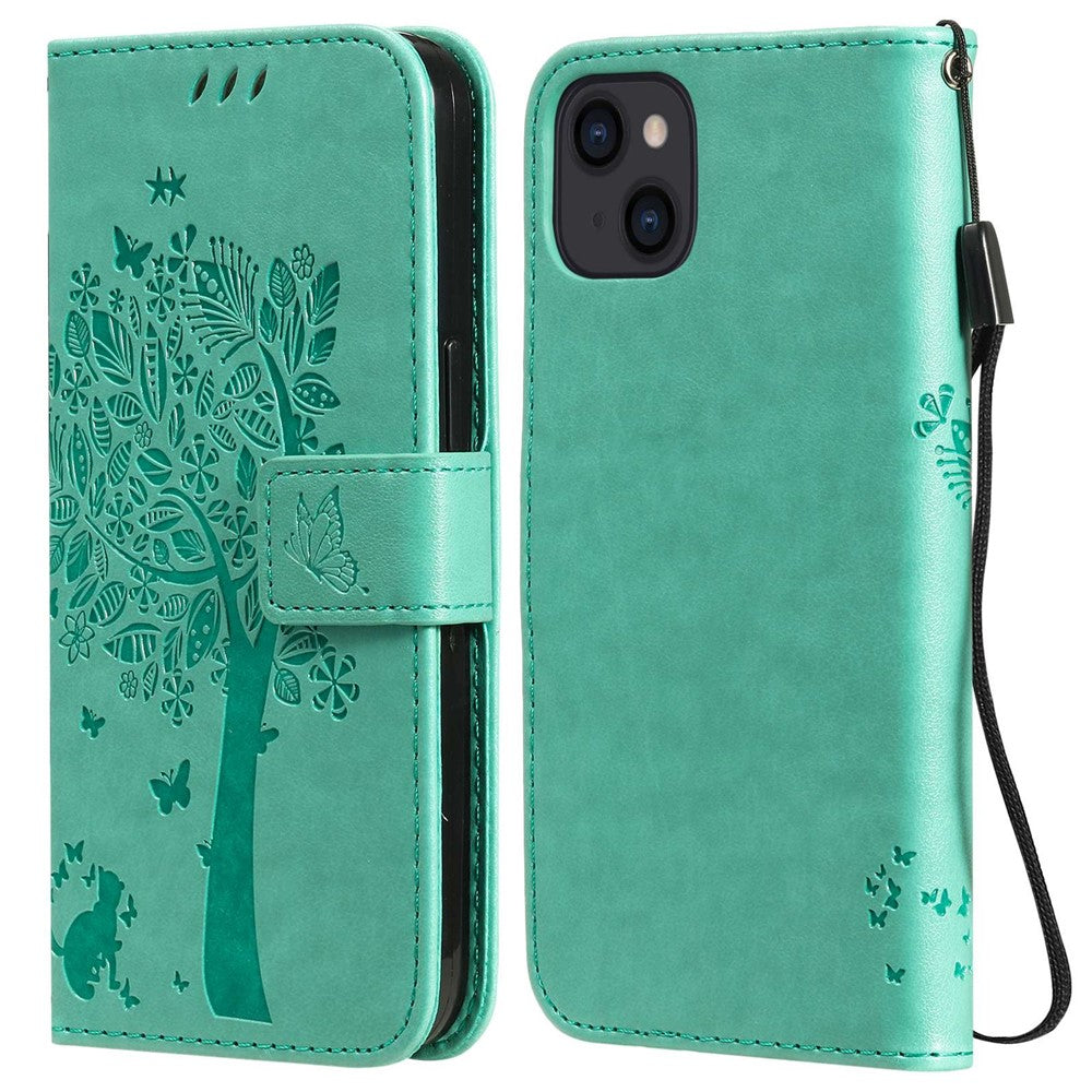 For iPhone 14 Phone Case with Stand Cat Tree Pattern Leather Wallet Mobile Cover