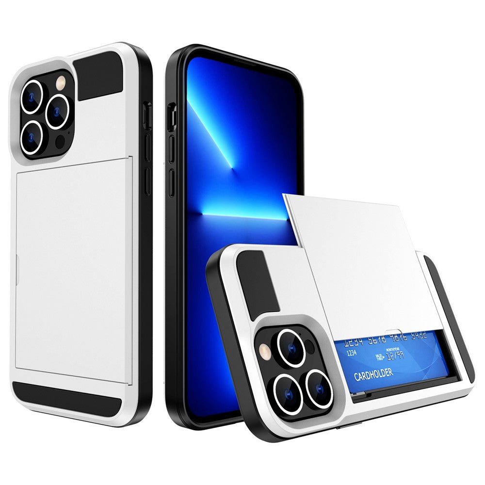 For iPhone 14 Pro Max 6.7 inch Anti-drop Phone Case with Sliding Cover Design Card Holder PC + TPU Hybrid Phone Shell