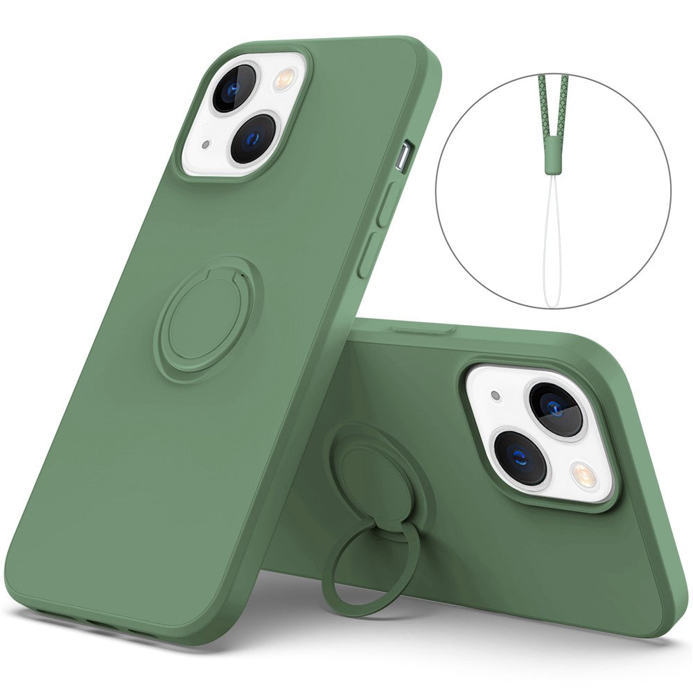 For iPhone 14 Plus 6.7 inch Easy Grip Ring Kickstand Liquid Silicone Phone Case Protective Back Cover with Wrist Strap