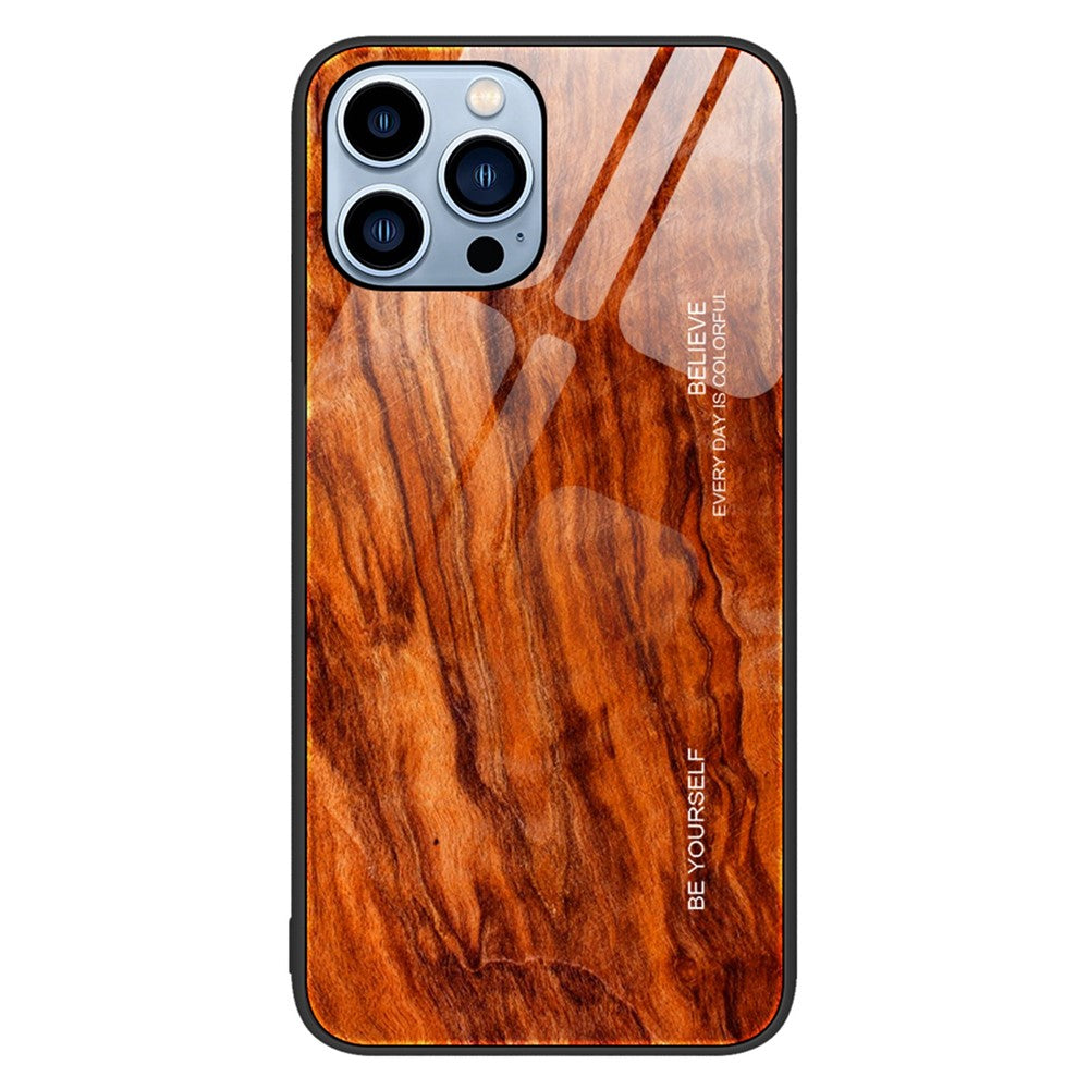 For iPhone 14 Pro Max 6.7 inch Wood Texture Slim Phone Case Tempered Glass Back TPU Frame Protective Cover