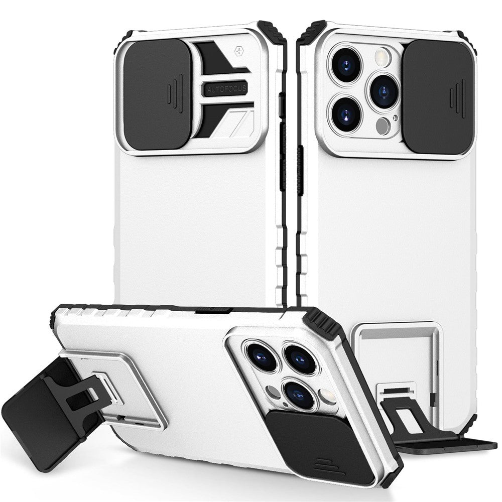 For iPhone 14 Pro Max 6.7 inch Slide Camera Protection Cell Phone Shell Kickstand PC + TPU Hybrid Cover Phone Case