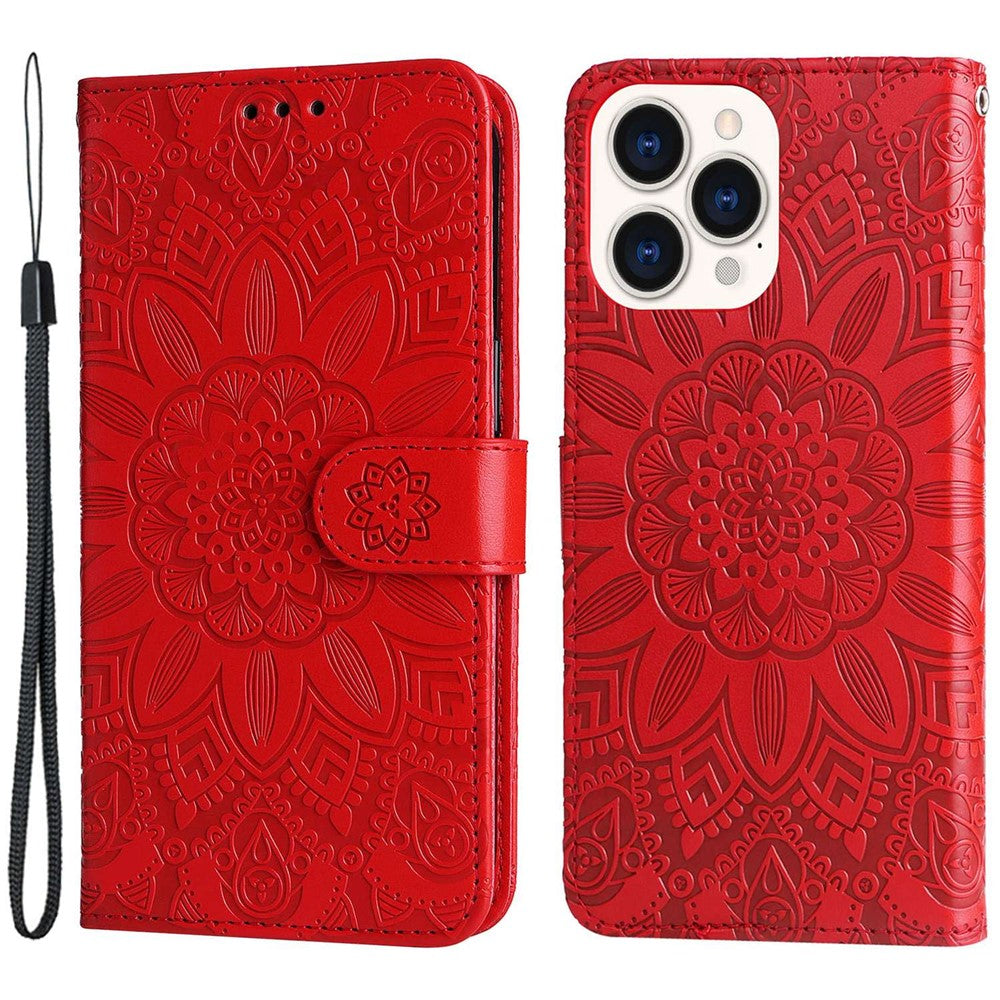For iPhone 14 Pro Max 6.7 inch PU Leather Sunflower Imprinting Protective Case Flip Stand Wallet Mobile Phone Cover with Strap