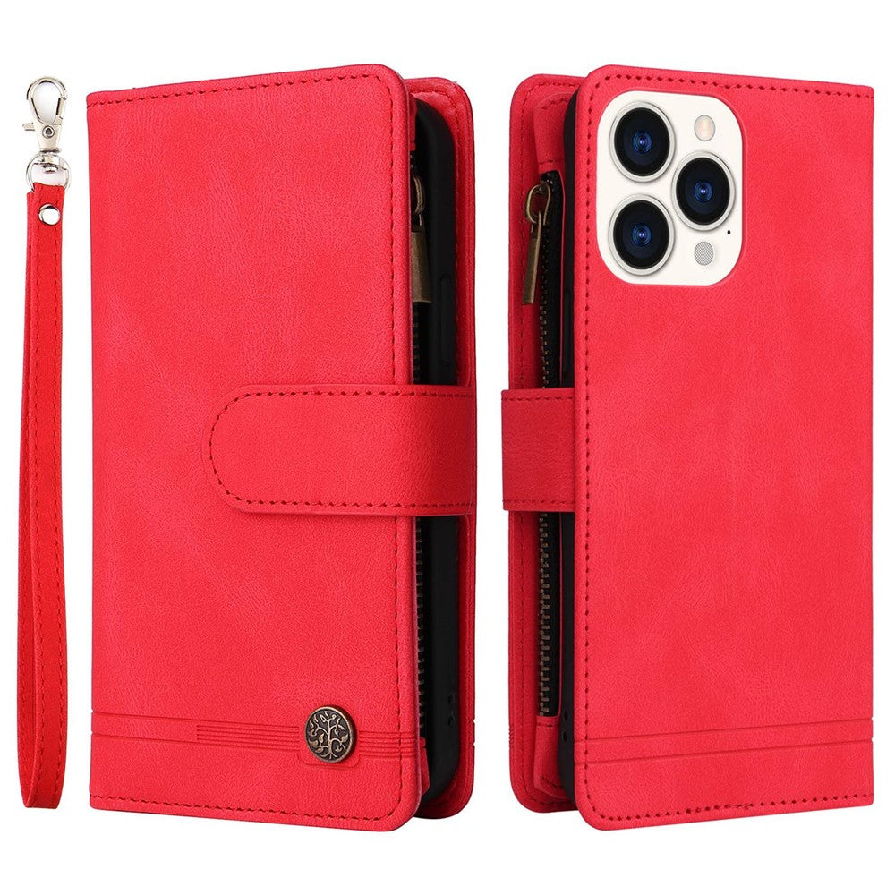 For iPhone 14 Pro Max 6.7 inch Tree Pattern Hardware Stripes Imprinted Skin-touch Wallet Stand Leather Cover Zipper Pocket Protective Case