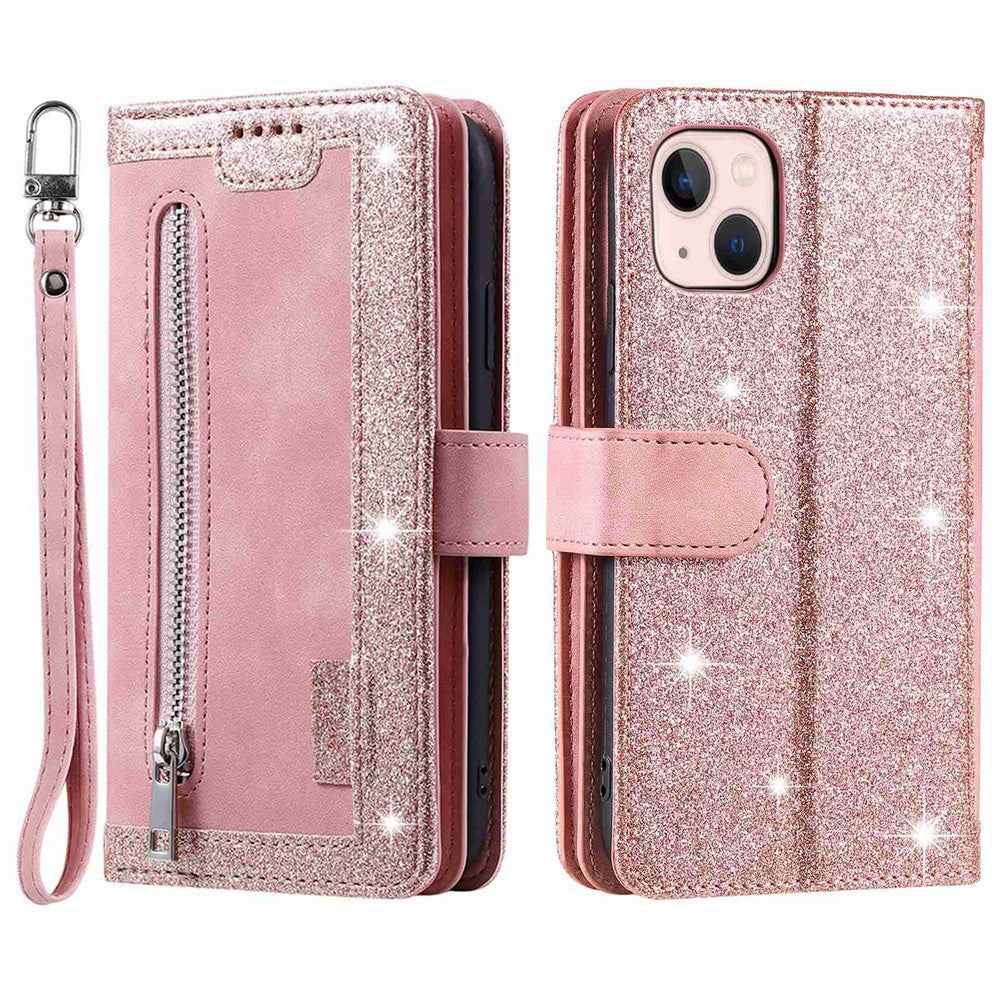 For iPhone 14 Plus Zipper Pocket Design 9 Card Slots Shockproof PU Leather Case Magnetic Closure Stand Wallet Cover with Strap