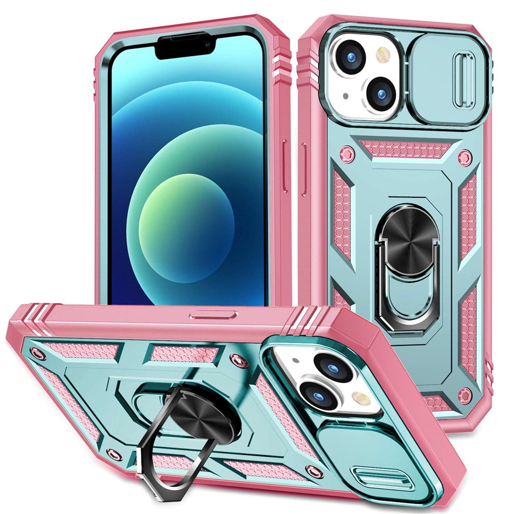 For iPhone 14 Plus Anti-fall PC+TPU Kickstand Function Phone Protector Sliding Camera Lens Cover Design Case with Card Slot