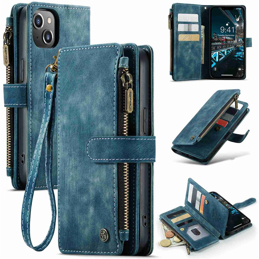 For iPhone 14 Plus Phone Cases with Strap CASEME C30 Zipper Multiple Card Holder PU Leather Cover