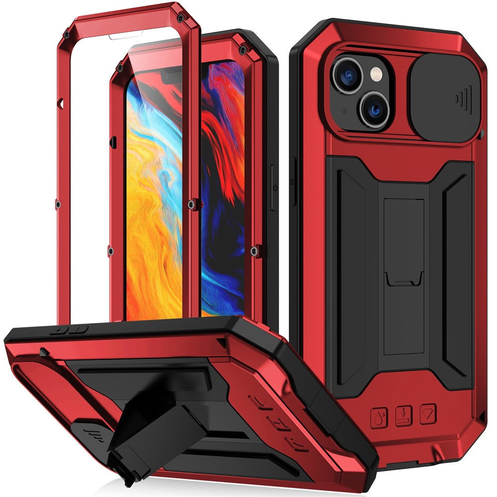 R-JUST For iPhone 14 6.1 inch Slide Camera Cover Silicone + Metal + Tempered Glass Screen Protector Phone Case Drop-proof Cover with Kickstand