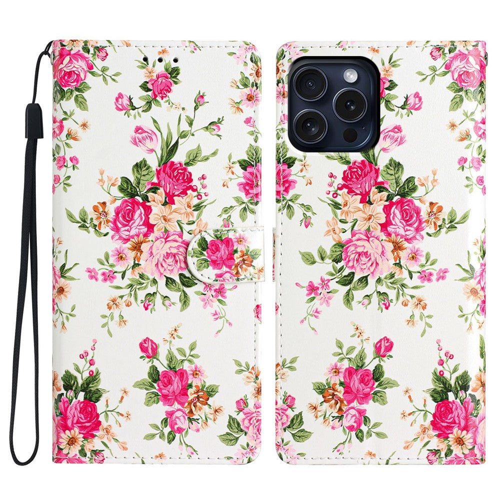 For iPhone 16 Pro Max Case Pattern Print PU Leather Card Slots Phone Cover with Wrist Strap