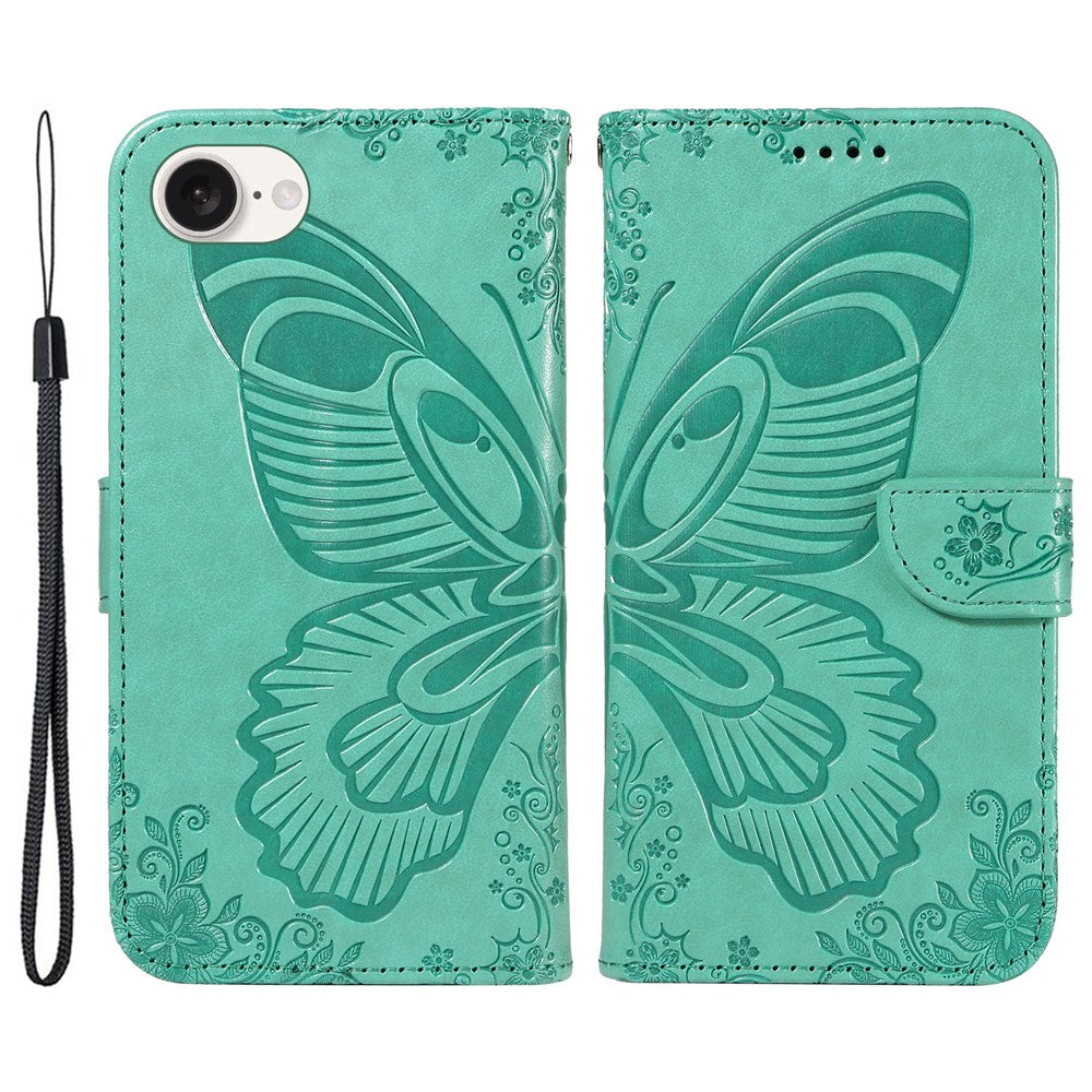 For iPhone 17e / 16e Case with Hand Strap Butterfly PU Leather Wallet Phone Cover