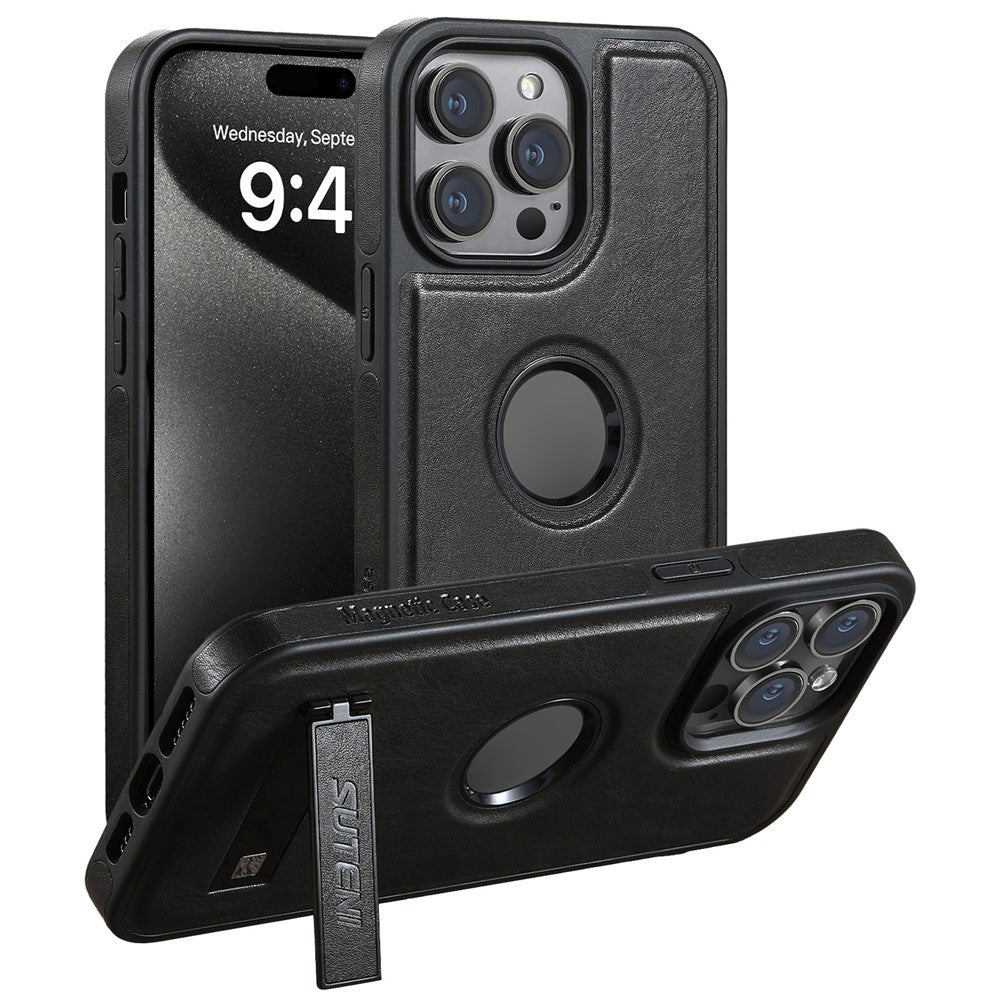 SUTENI G2 For iPhone 15 Pro Magnetic Case Litchi Texture Leather+TPU Cover with Kickstand