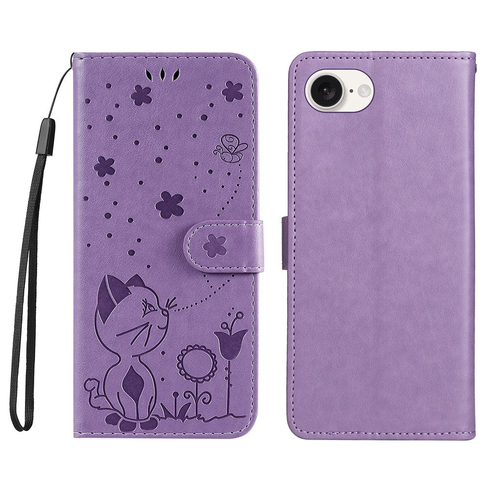 For iPhone 17e / 16e Leather Case Cat Bee Pattern Phone Cover Wallet Stand with Strap