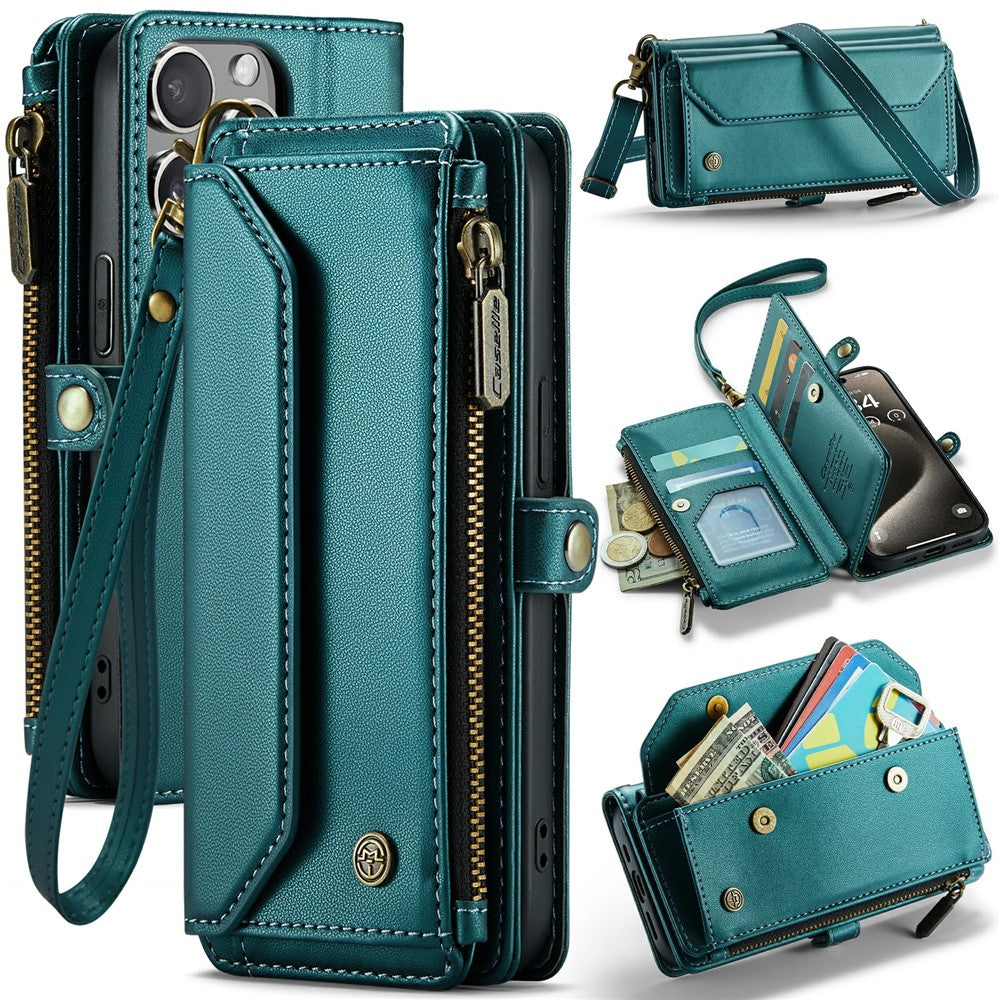 For iPhone 15 Pro Leather Case CASEME C36 Zipper Multiple Card Slots Phone Cover with Straps