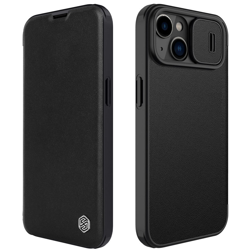 NILLKIN Qin Pro Series for iPhone 14 Plus Cloth Texture Phone Case with Sliding Lens Protection Cover PU Leather Anti-scratch Shell Card Holder