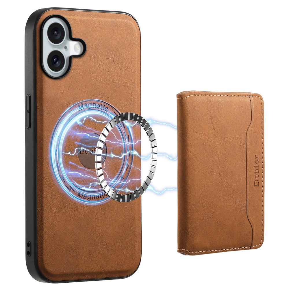 DENIOR D13 For iPhone 16 Magnetic Case Leather+PC+TPU Phone Cover Card Holder Kickstand