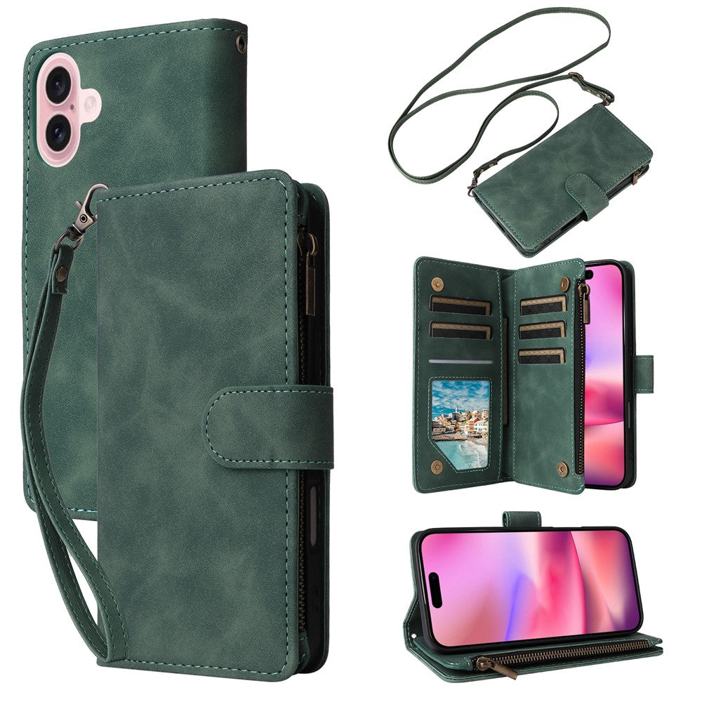 For iPhone 16 Case Zipper Multi-Pocket Wallet Leather Phone Cover with Shoulder and Wrist Straps