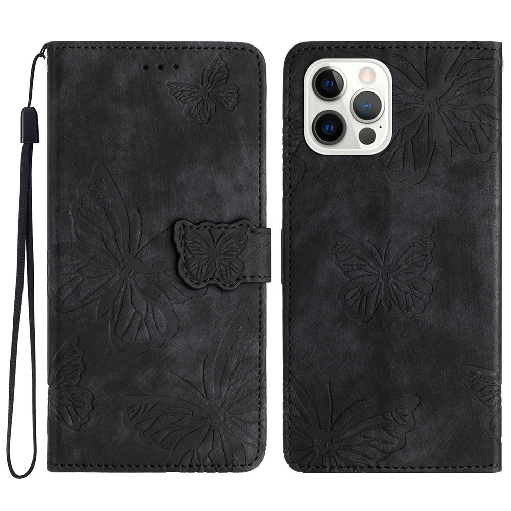 For iPhone 16 Pro Max Case Imprinted Butterfly PU Leather Folio Flip Phone Cover Skin-Touch