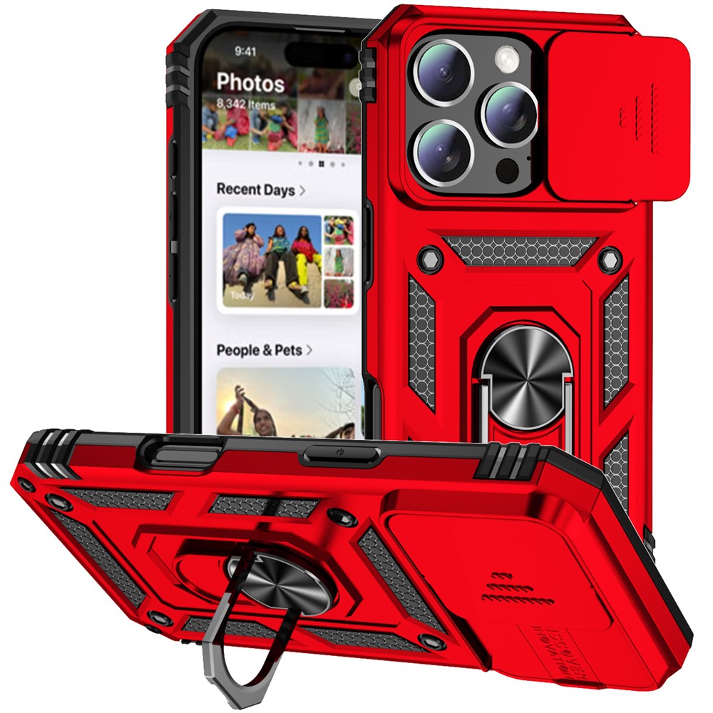 For iPhone 16 Pro Max Case Ring Kickstand Slide Camera Lid PC+TPU Phone Cover
