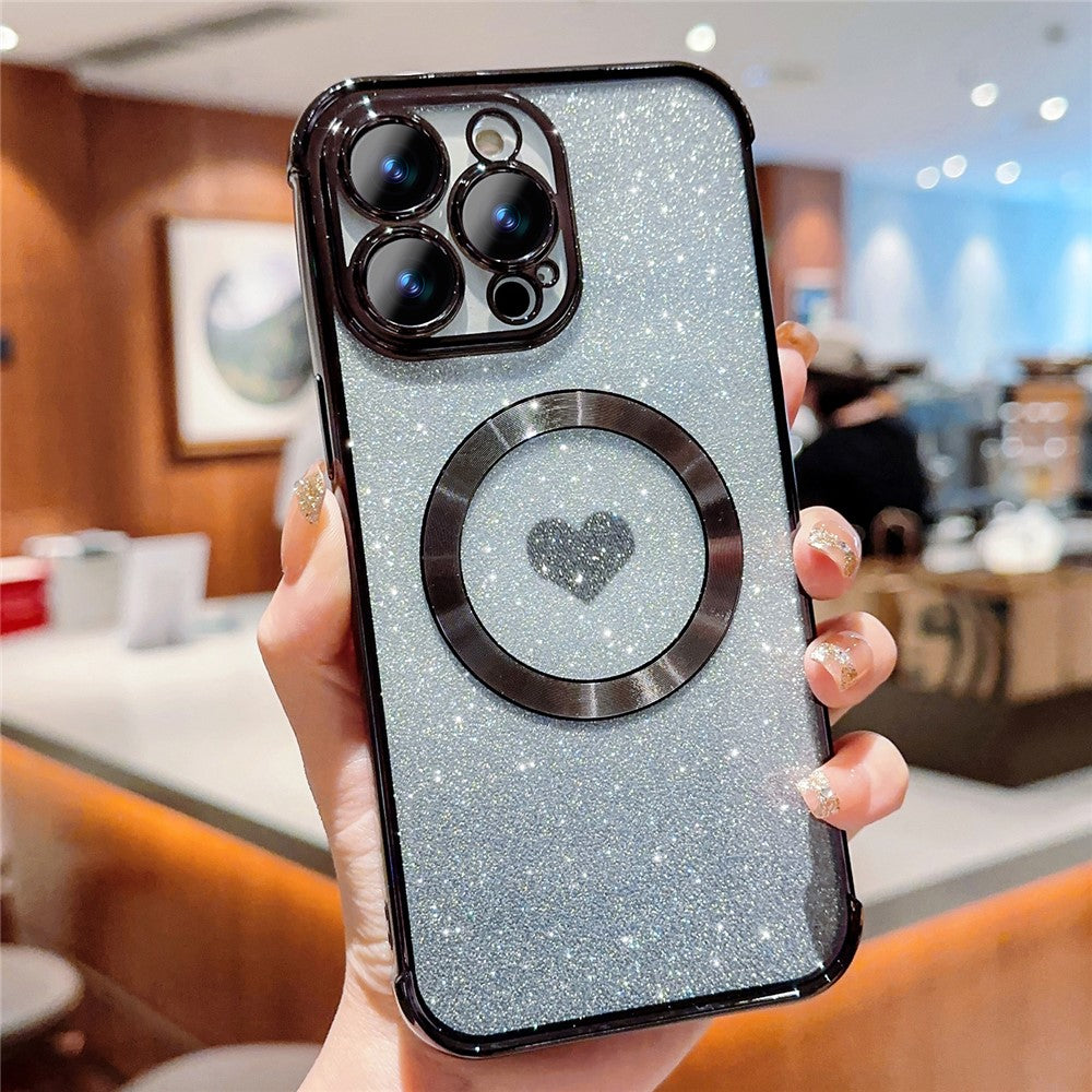 For iPhone 14 Pro Glitter Case Compatible with MagSafe TPU Phone Cover Love Heart Electroplating