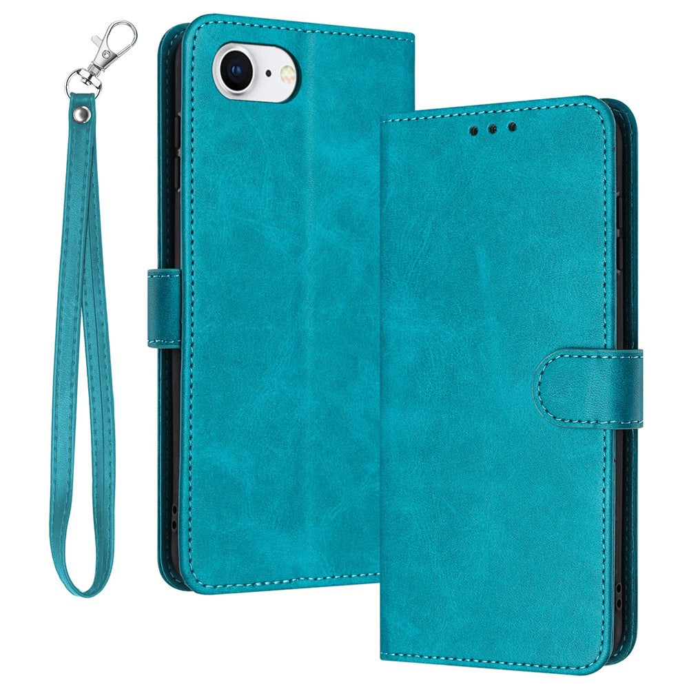 For iPhone 17e / 16e Case Calf Texture Leather Wallet Shockproof Flip Cover with Hand Strap