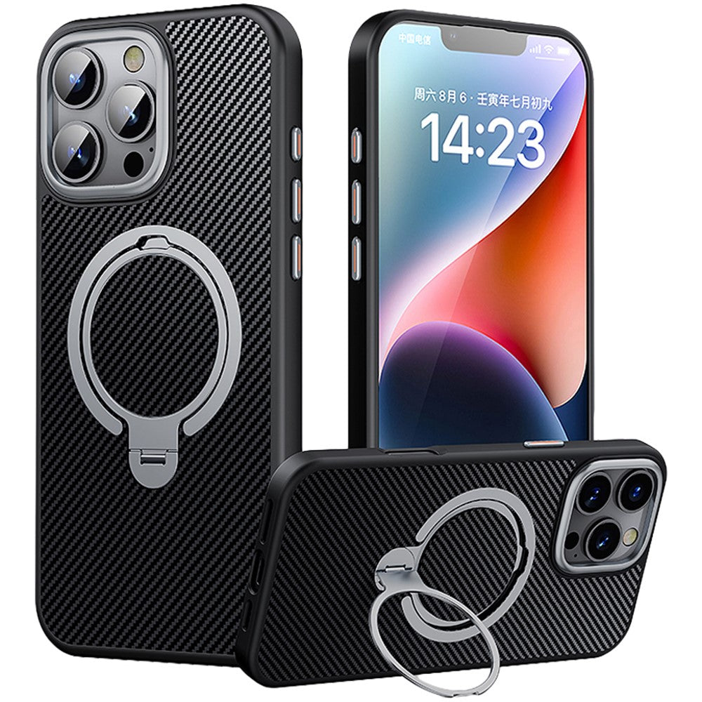 For iPhone 16 Pro Max Magnetic Case Carbon Fiber Texture PC+TPU Phone Cover Rotatable Kickstand