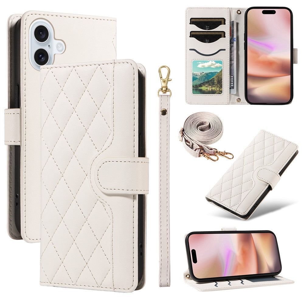 For iPhone 16 Case Wallet Quilted Leather Phone Cover with Shoulder Strap, Wrist Strap