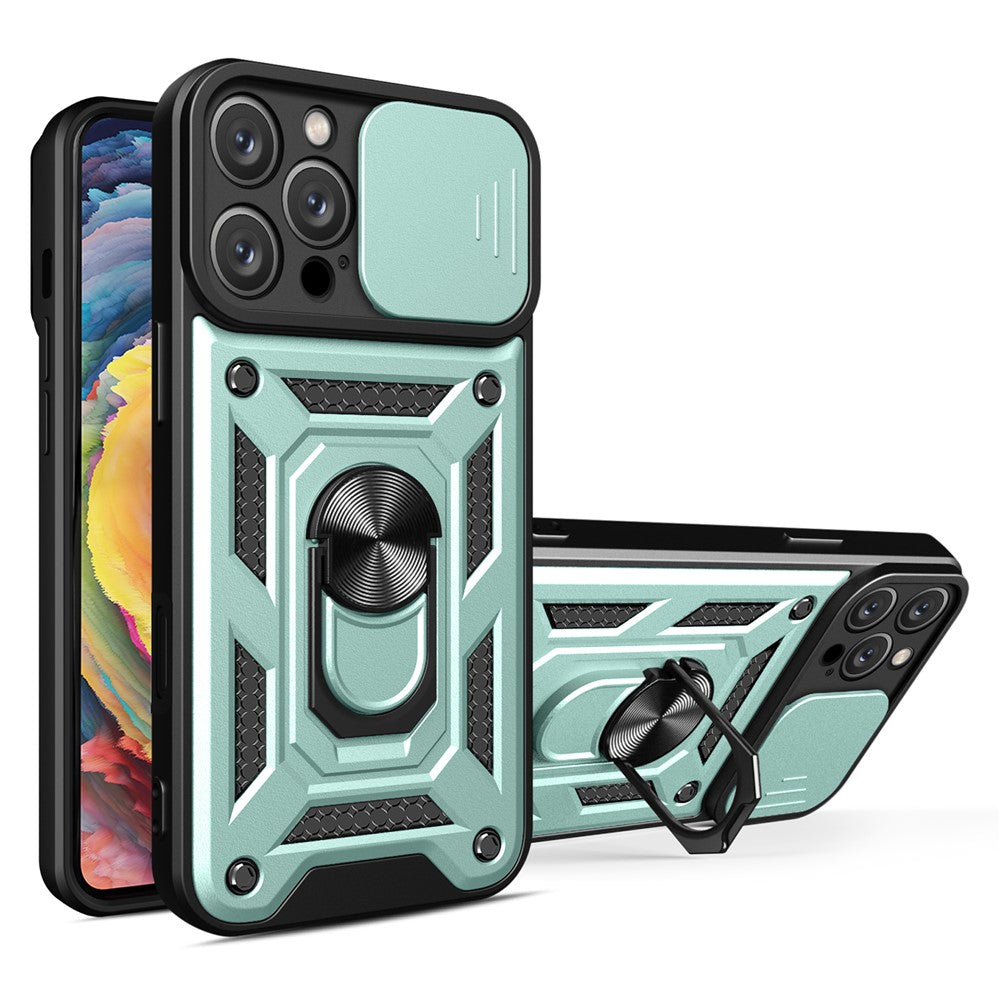 For iPhone 16 Pro Max Case with Slide Camera Lid PC+TPU Kickstand Phone Cover
