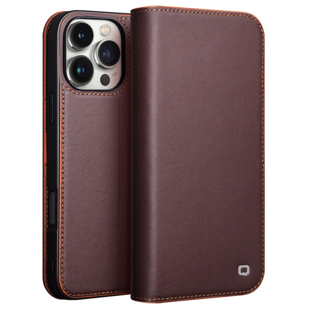 QIALINO For iPhone 16 Pro Max Stand Case Anti-Drop Genuine Cow Leather Wallet Phone Cover