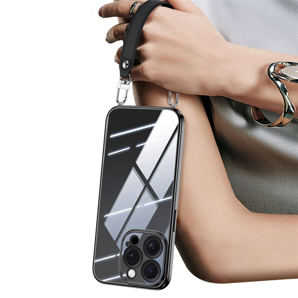 SULADA For iPhone 16 Pro Case Electroplating Ultra Clear Soft TPU Phone Cover with PU Wrist Strap