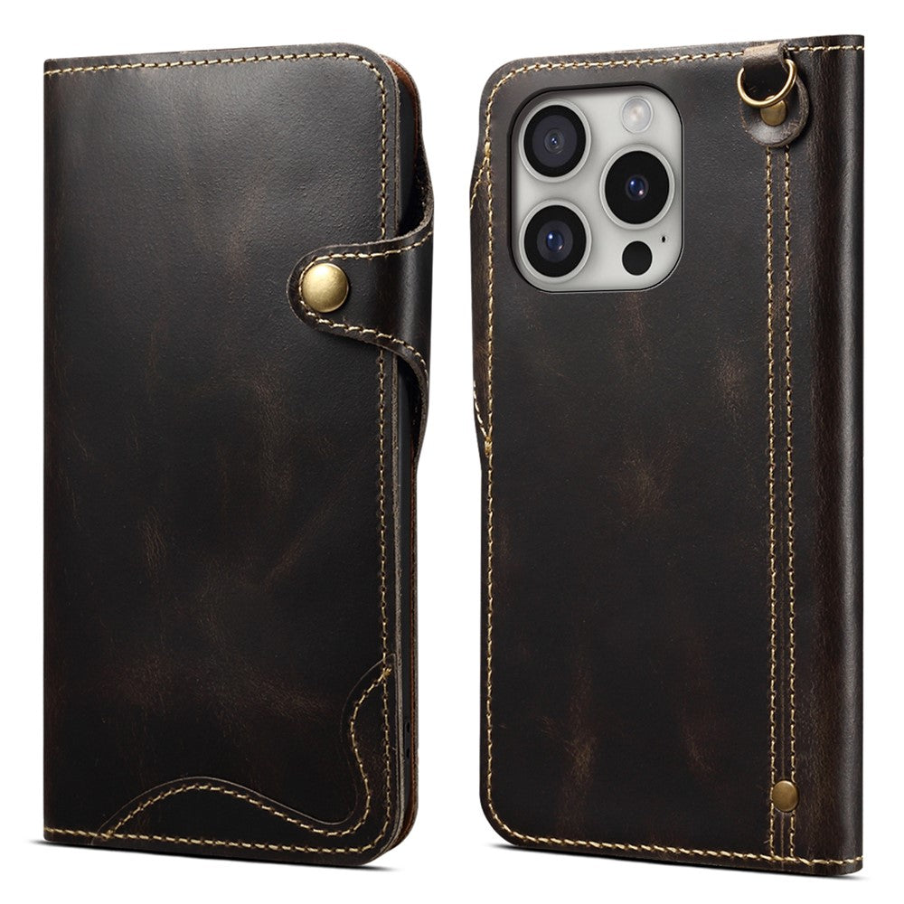 For iPhone 16 Pro Max Case Waxy Genuine Cow Leather Phone Wallet Shockproof Cover