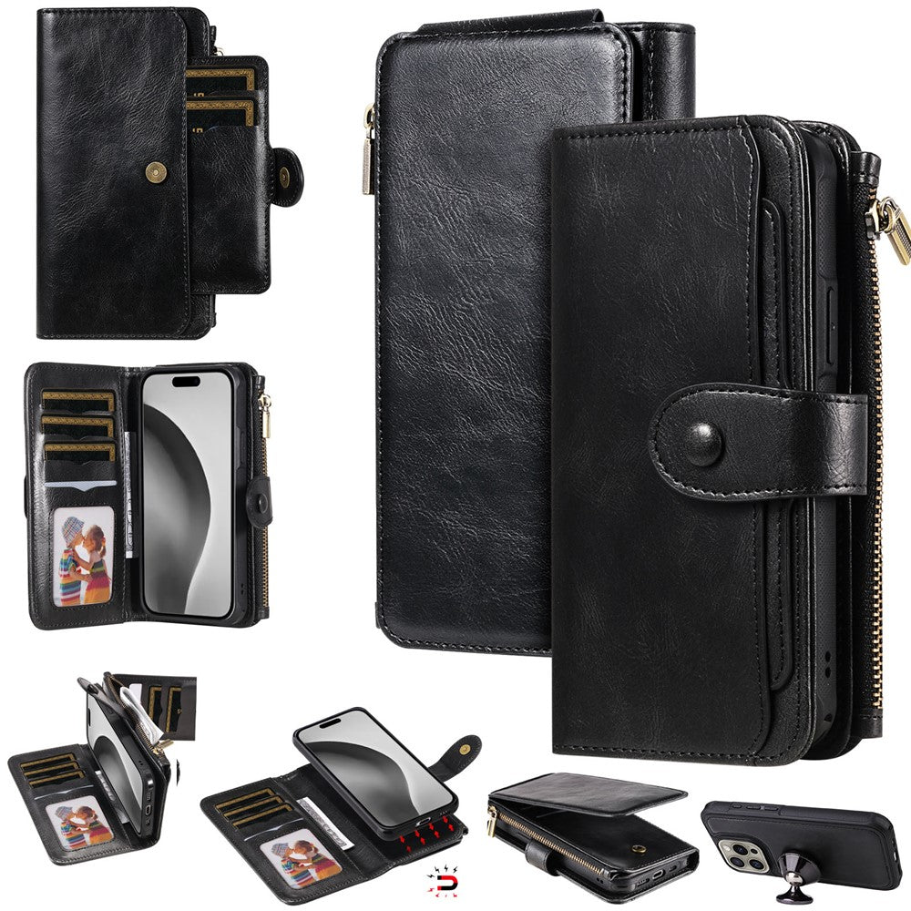 For iPhone 16 Pro Magnetic Case Detachable PU Leather Zipper Wallet Cover