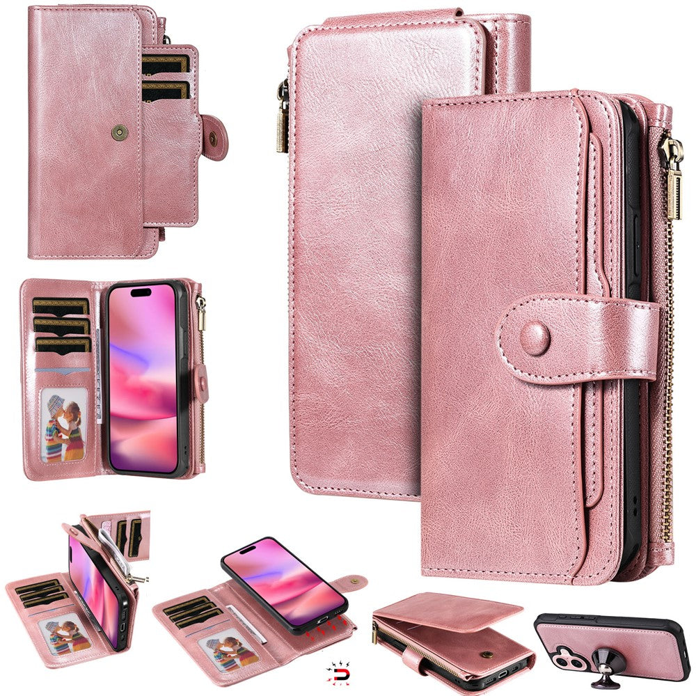 For iPhone 16 Magnetic Case Detachable PU Leather Zipper Wallet Cover