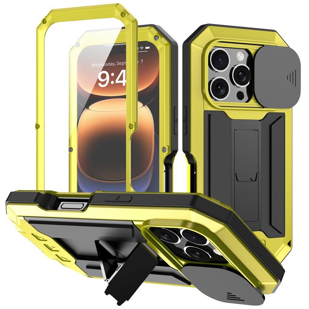 R-JUST For iPhone 16 Pro Max Kickstand Case Silicone+Metal+PC+Tempered Glass Screen Film Phone Cover