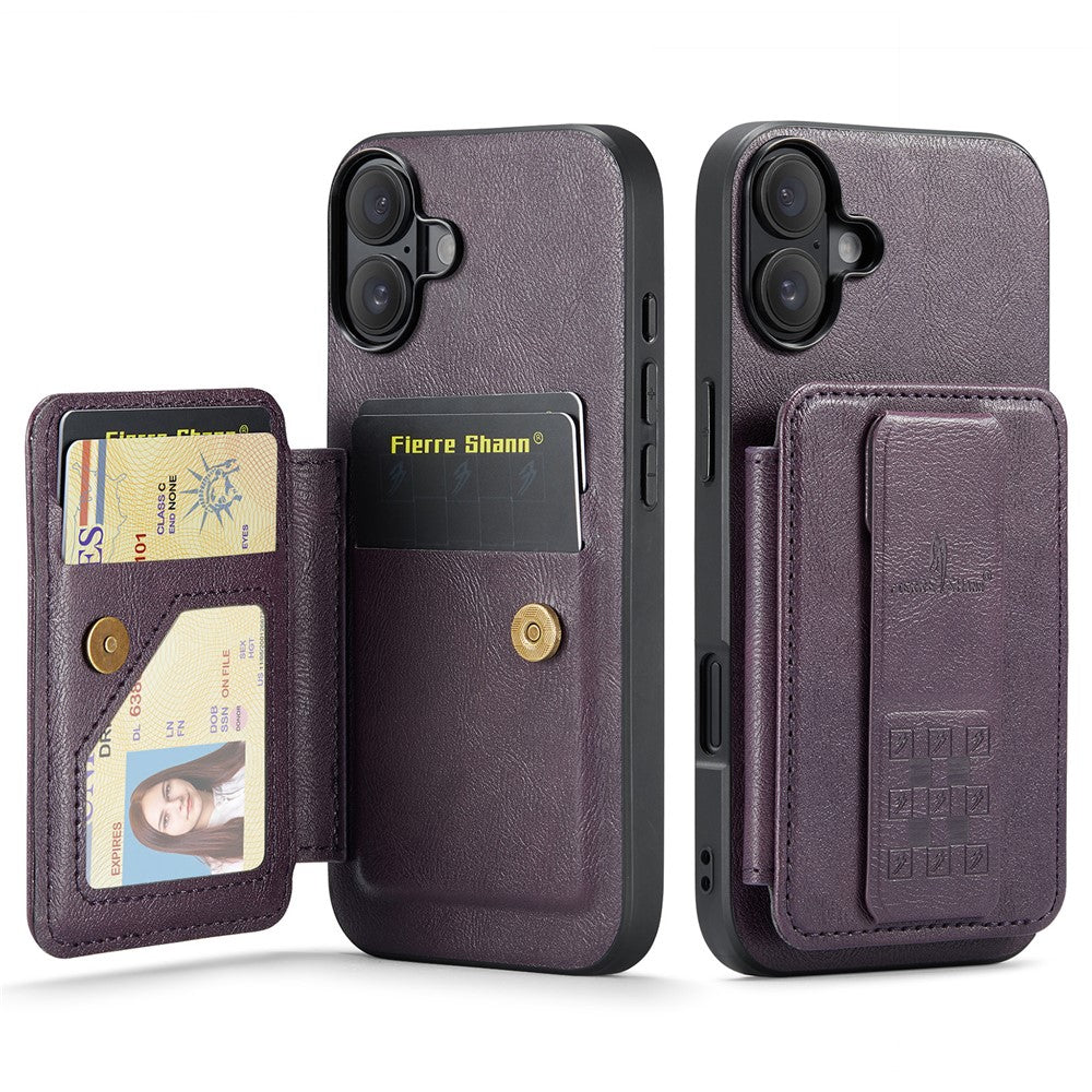 FIERRE SHANN 024 For iPhone 16 Case Card Holder Kickstand Waxy Texture Leather+TPU Phone Cover