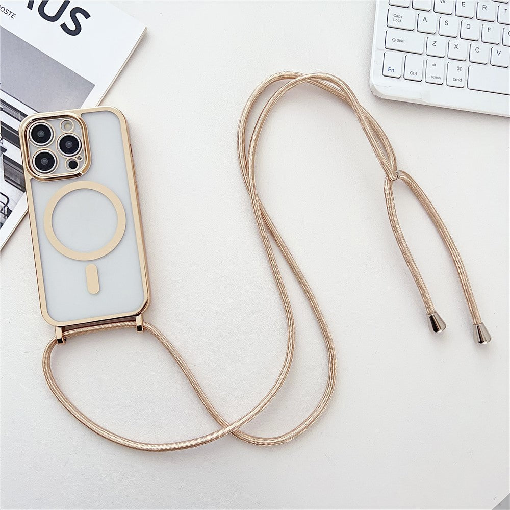 For iPhone 16 Pro Max Case Compatible with MagSafe Electroplating TPU Cellphone Protector with Long Lanyard