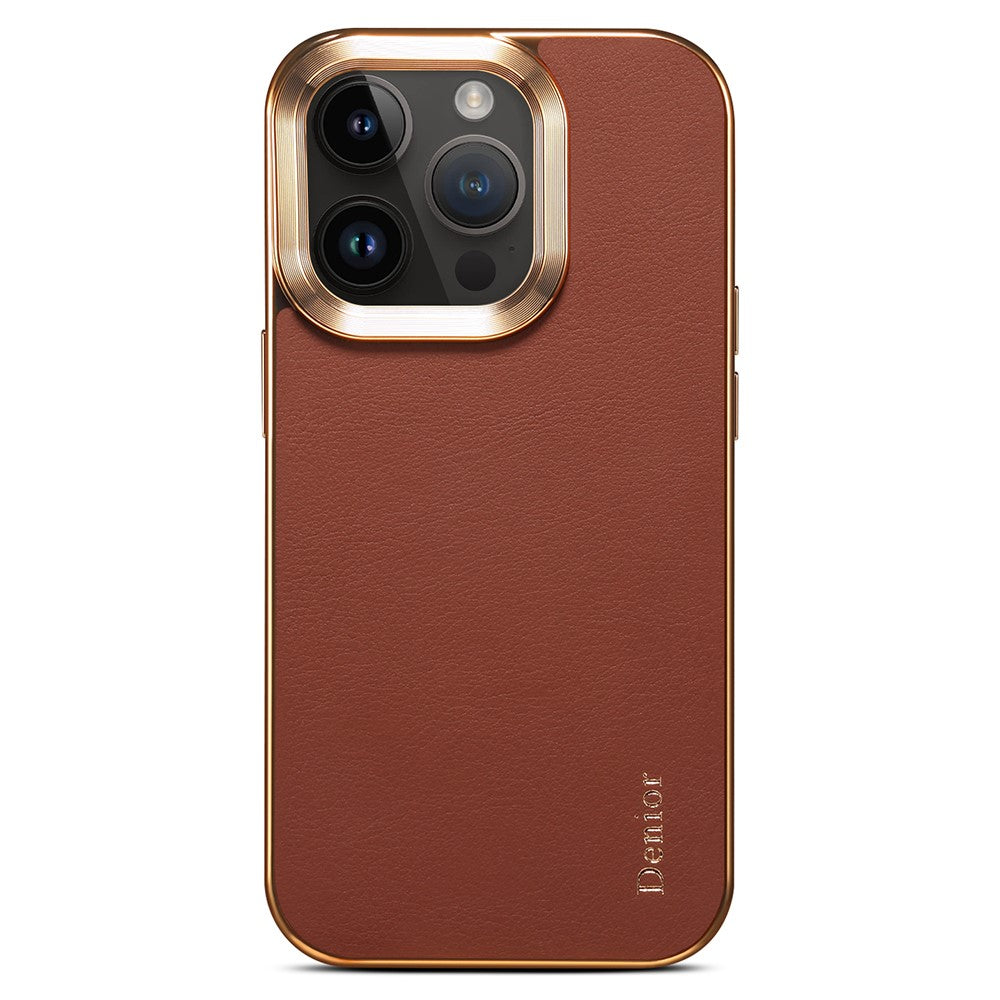 DENIOR For iPhone 16 Pro Max Case Genuine Cow Leather Coated PC+TPU Electroplating Phone Cover