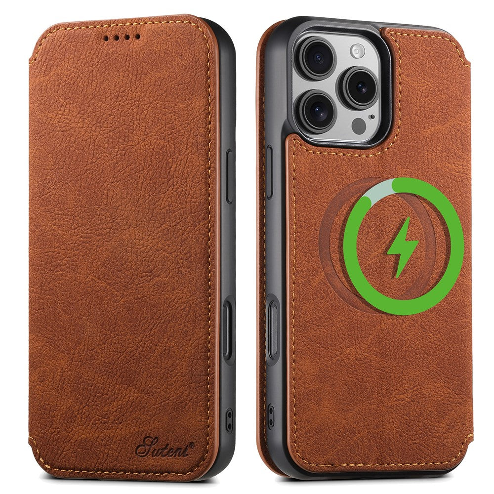SUTENI J06 For iPhone 16 Pro Case Litchi Texture Leather Wallet Phone Shell Compatible with MagSafe