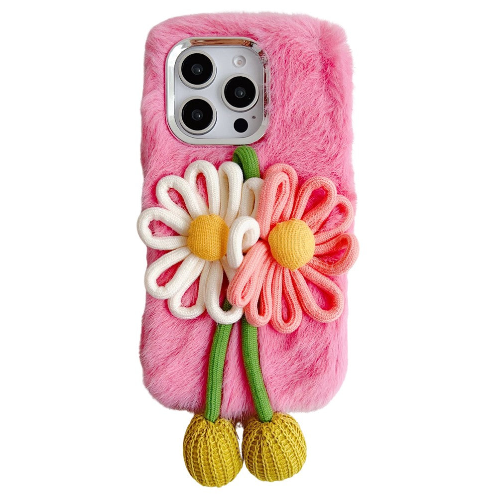 For iPhone 16 Pro Max Case Two Flowers Decor Outer Fluffy Plush Inner TPU Phone Cover